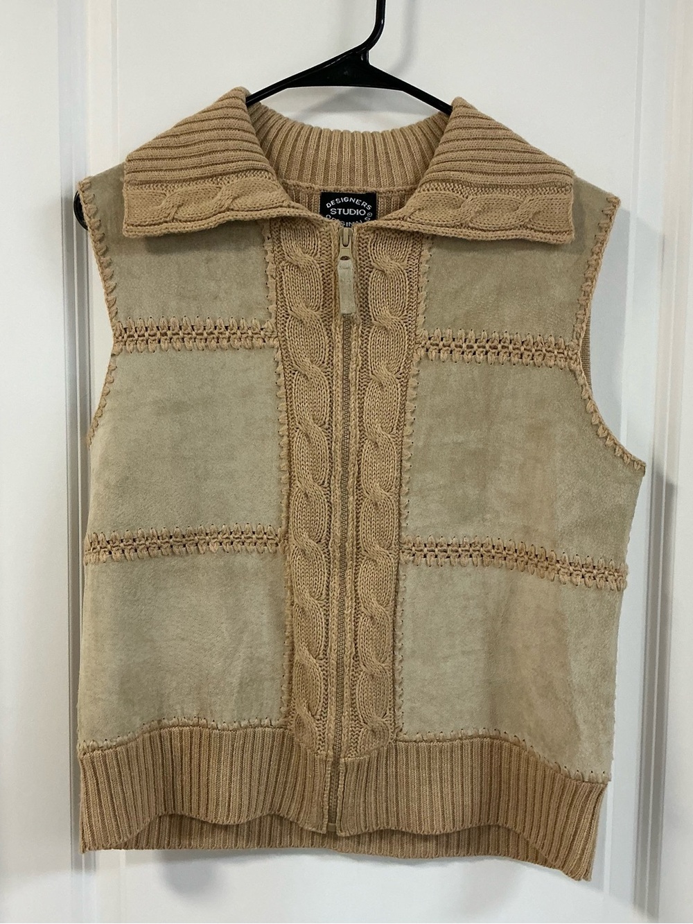 Vintage 1990s Designers Studio Originals Tan Suede Patchwork Cable Knit Vest S